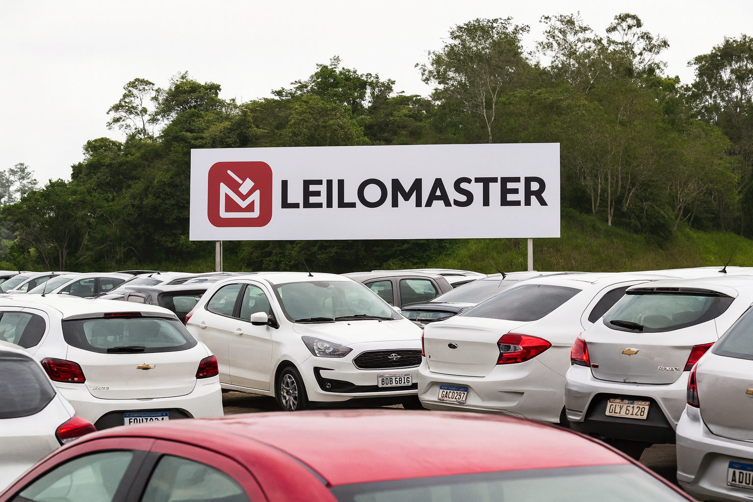 Pátio com diversos veículos organizados para arremate